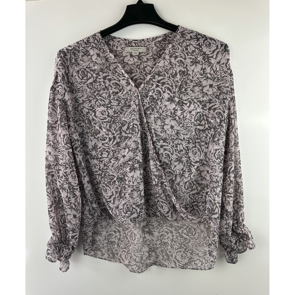 All Saints Penny Rosey Dusty Pink Boho Faux Wrap Long Sleeve Floral Blouse Med M - Picture 2 of 8